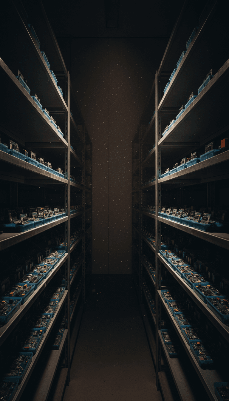 Electronic components on shelves in a dim stockroom