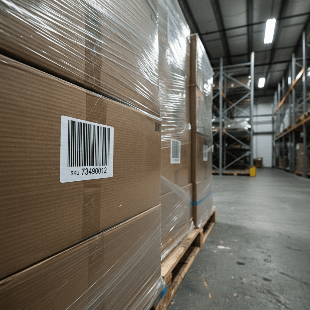 Pallets of sealed cardboard boxes in a warehouse